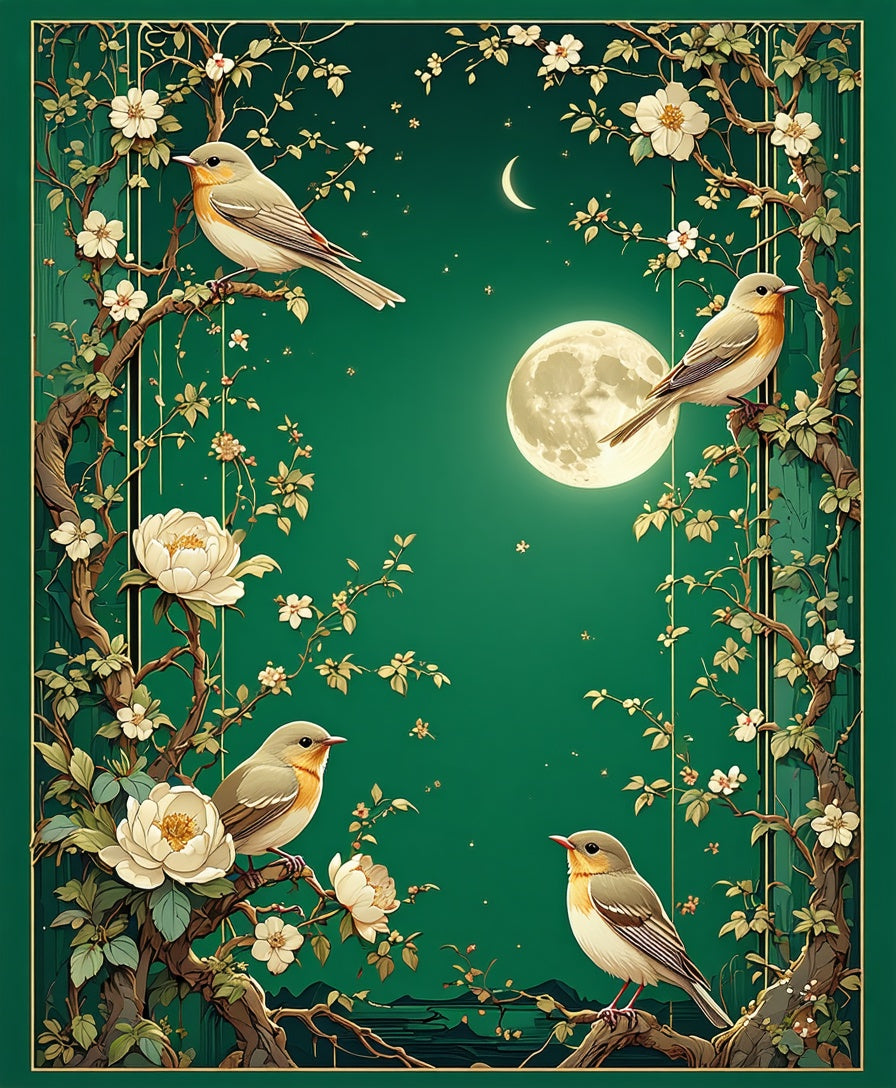 Birds Blossoms Green Chinoiserie Rug
