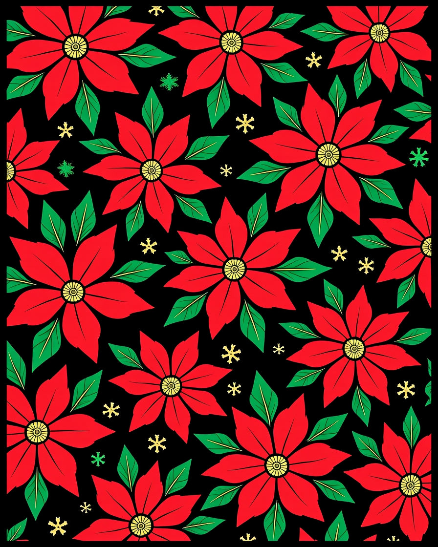 Black Red Poinsettia Floral Snowflake Rug