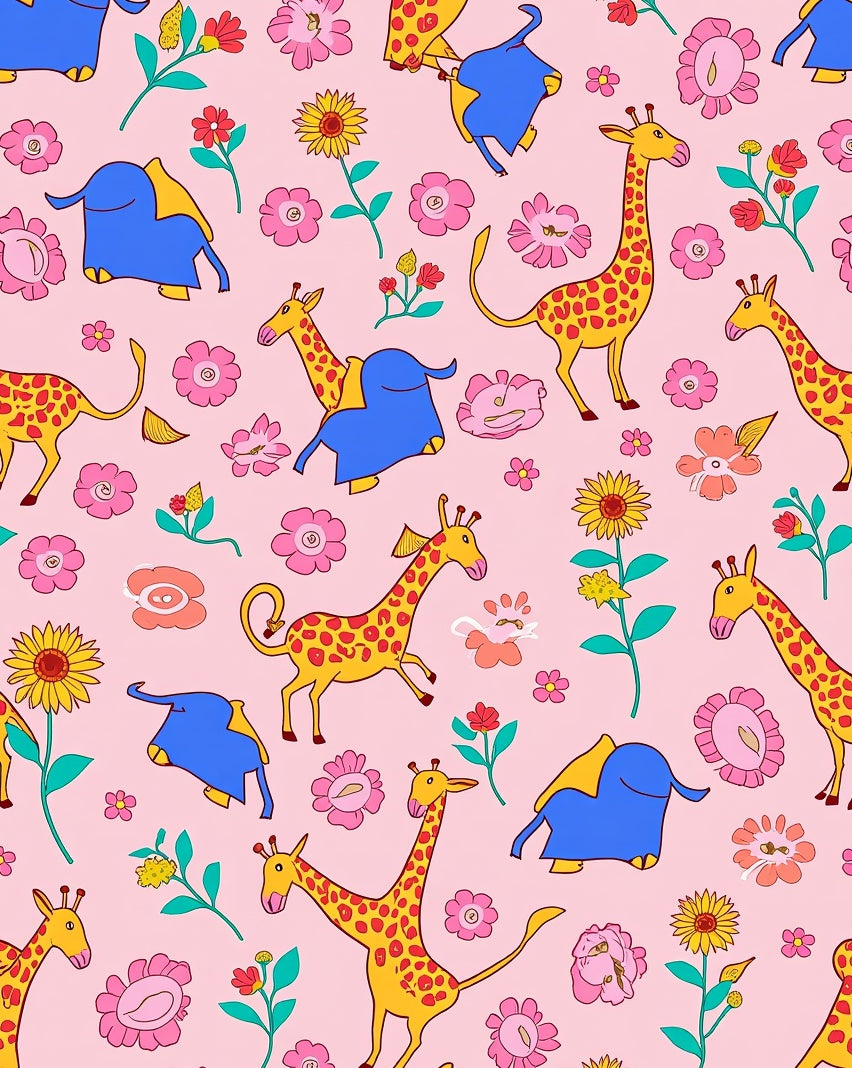 Playful Giraffe Elephant Floral Pattern Rug