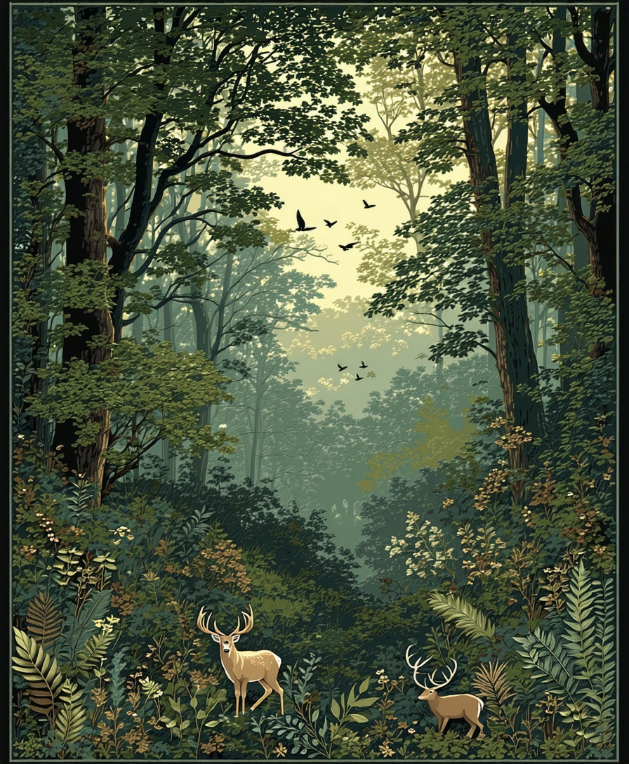 Woodland Deer With Birds Pattern Rug