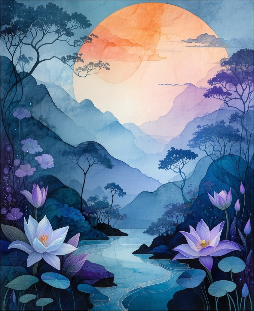 Serene Lotus Mountain Landscape Water Painting Rug