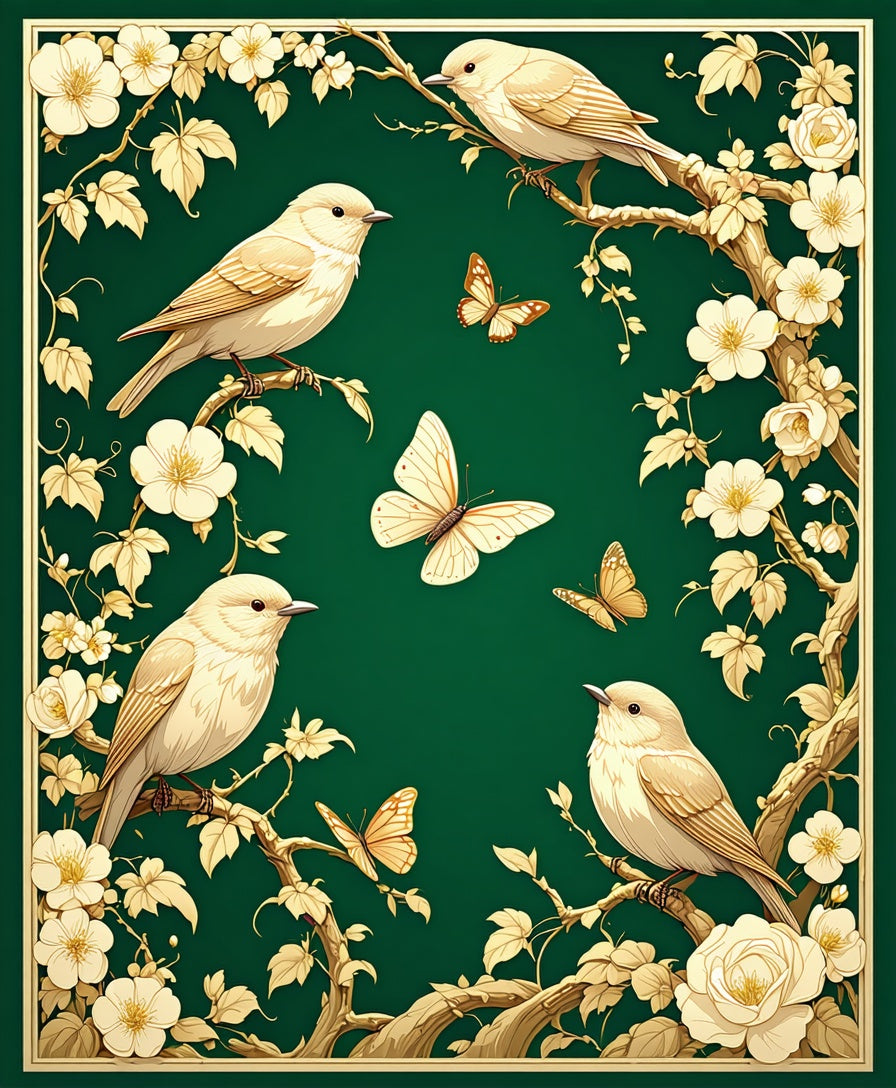 Golden Birds and Butterflies Floral Pattern Rug