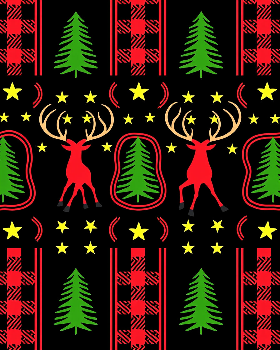 Red Deer Stars Buffalo Plaid Trees Rug