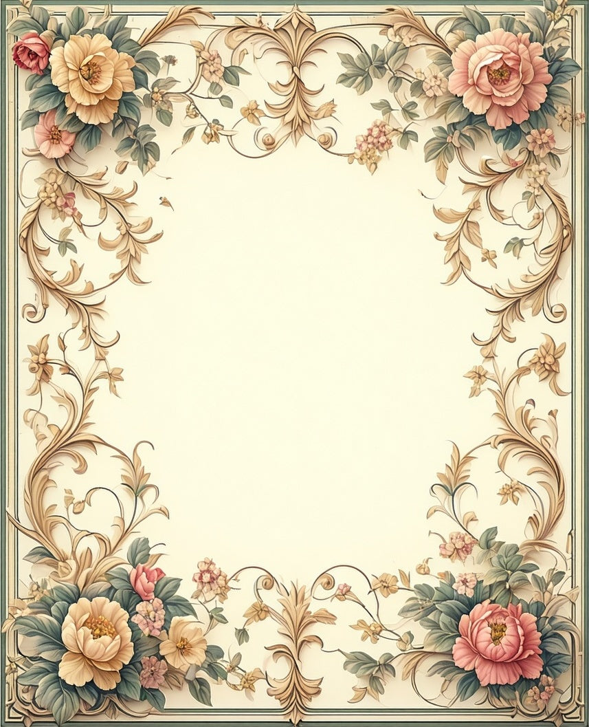 Elegant Floral Swirls Blossoms Border Rug