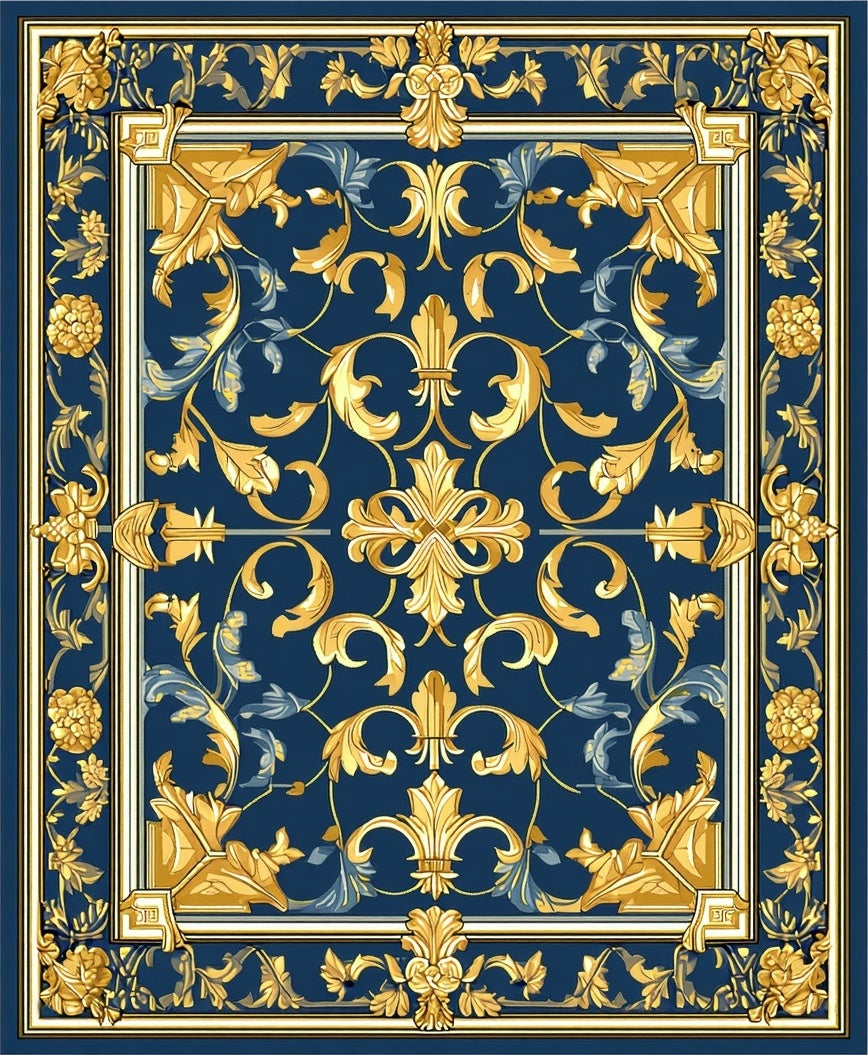 Ornate Gold Fleur And Leaf Scroll Rug