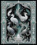Ornate White Birds Teal Feather Design Rug