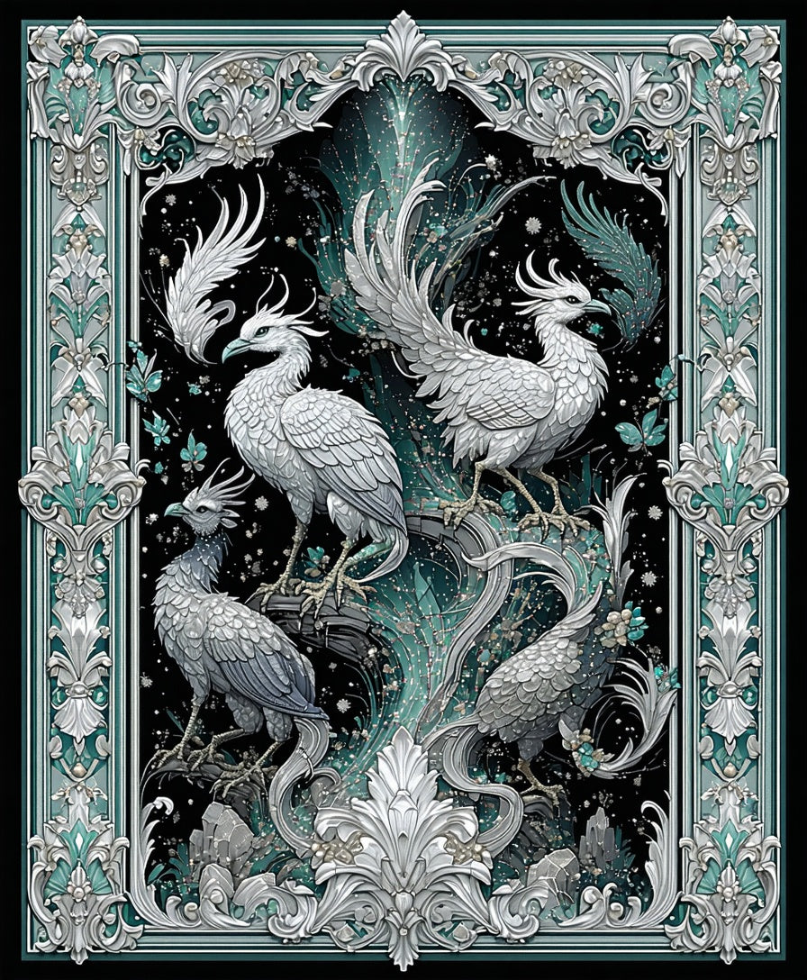 Ornate White Birds Teal Feather Design Rug