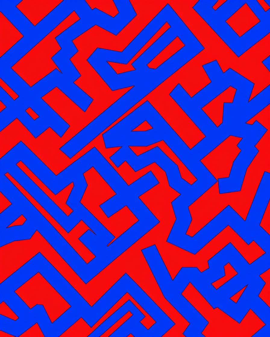Abstract Red Blue Interlocking Pattern Rug