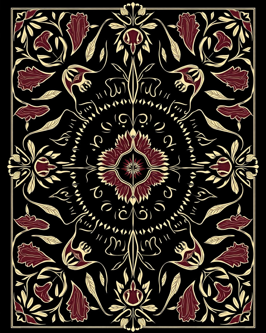 Art Nouveau Floral Mandala on Black Rug