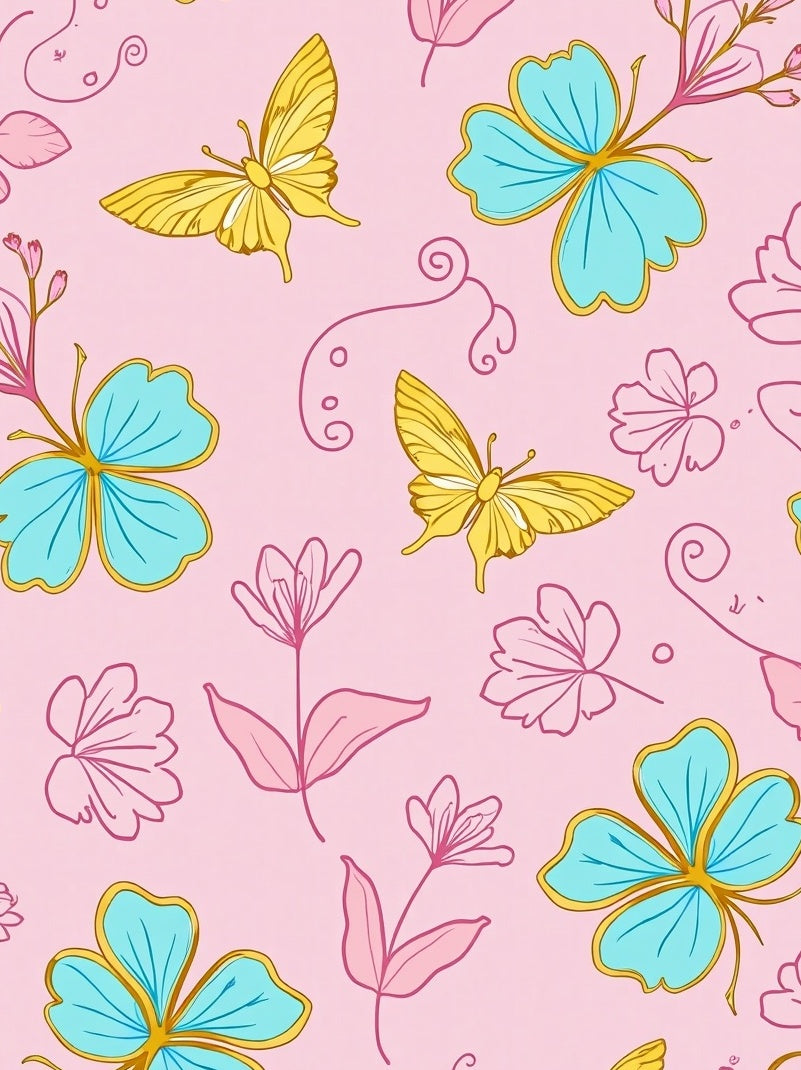 Pink Yellow Teal Butterfly Floral Pattern Rug