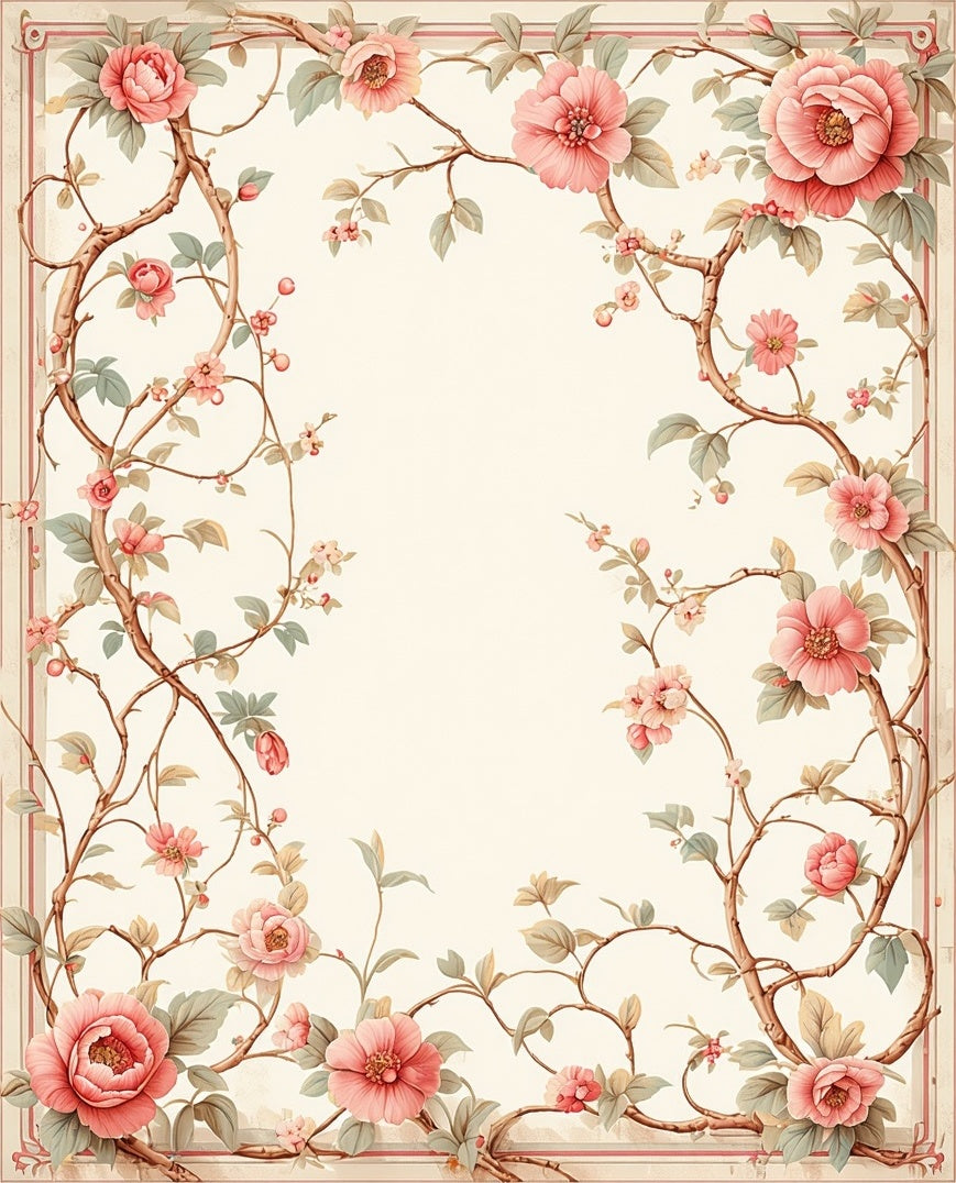 Elegant Pink Peony Floral Vine Design Rug