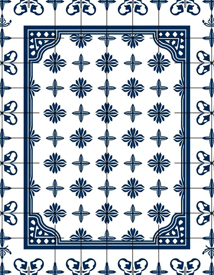 Classic Blue Floral Tile Pattern Rug
