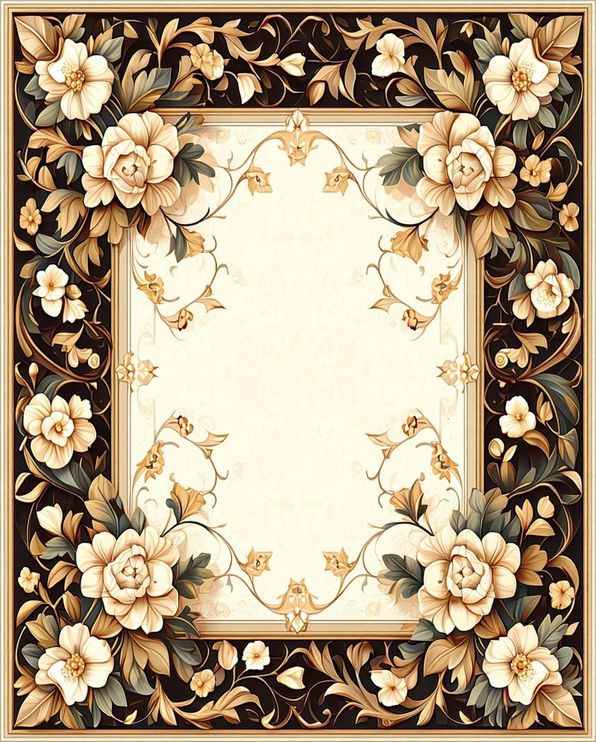 Ornate floral border with detailed leaves Rug