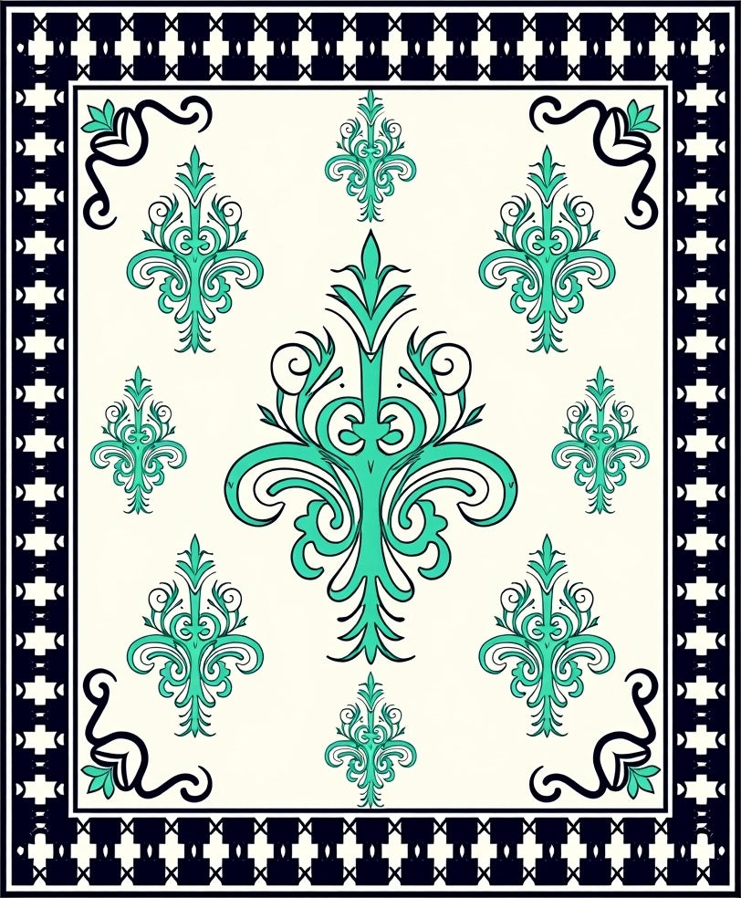 Aqua Filigree Scrollwork With Black Border Rug