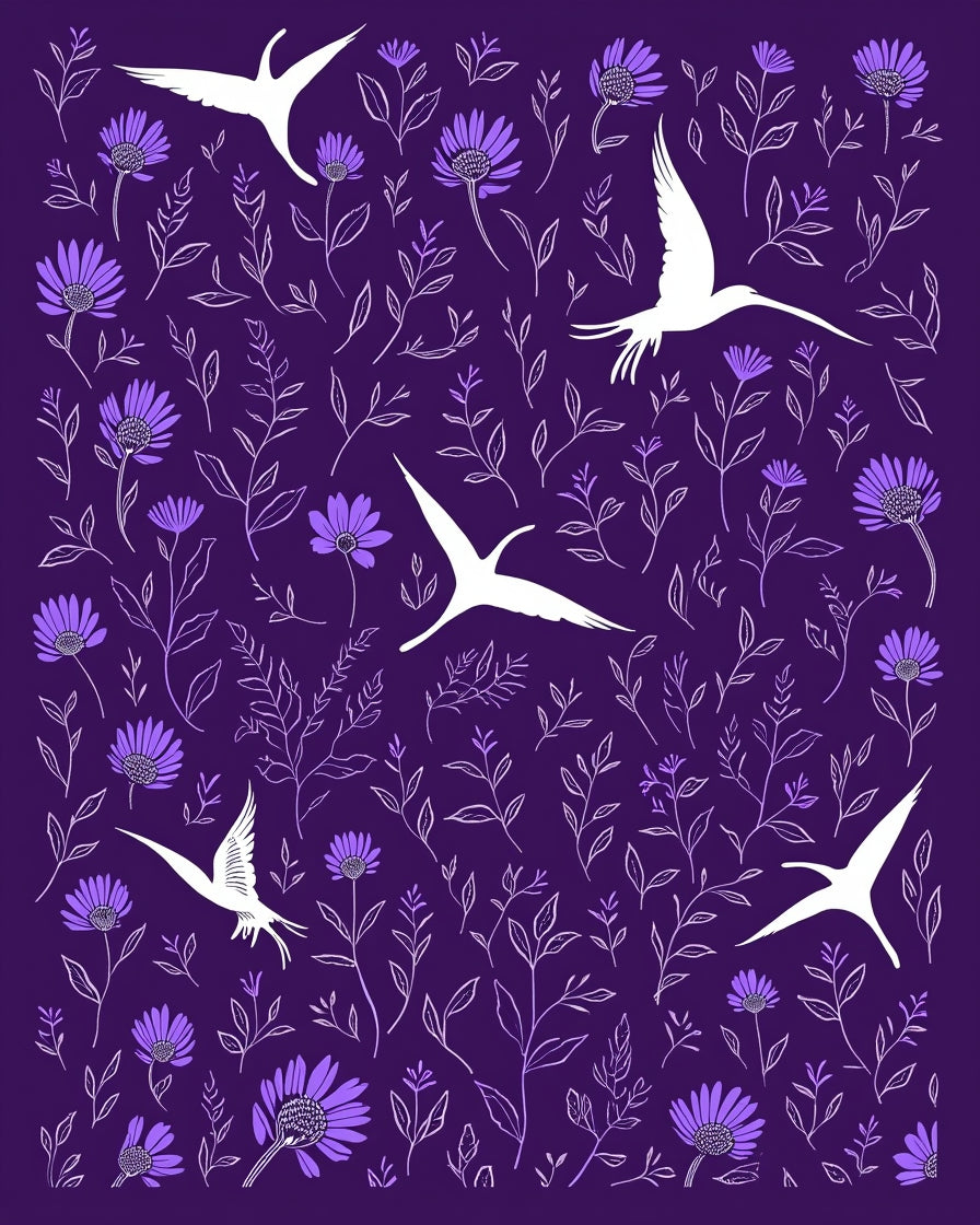 Purple Bird and Floral Silhouette Pattern Rug