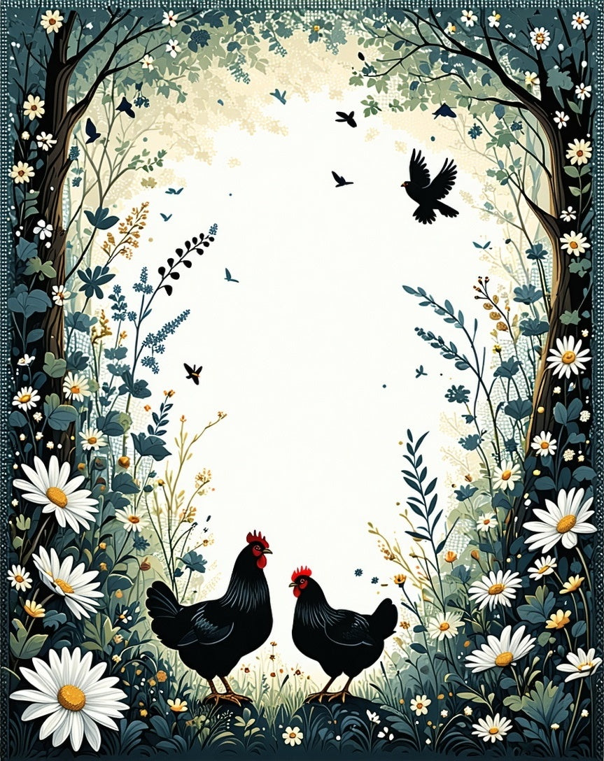 Chickens Daisies Forest Border Design Rug