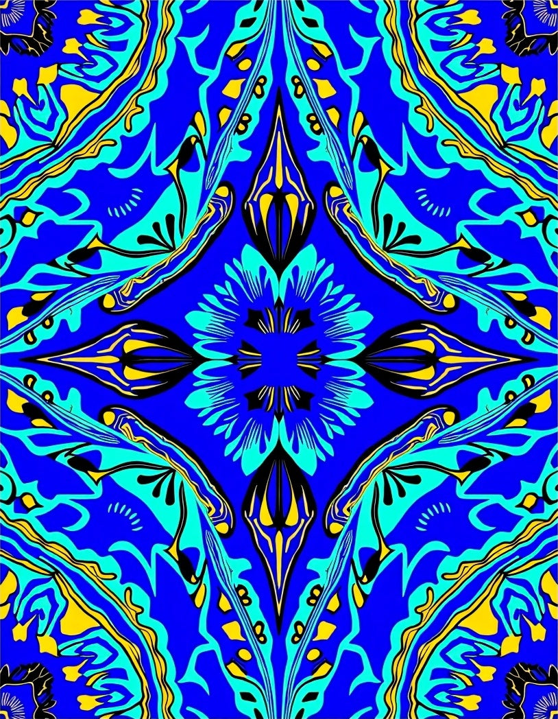 Royal Blue Yellow Teal Abstract Medallion Rug
