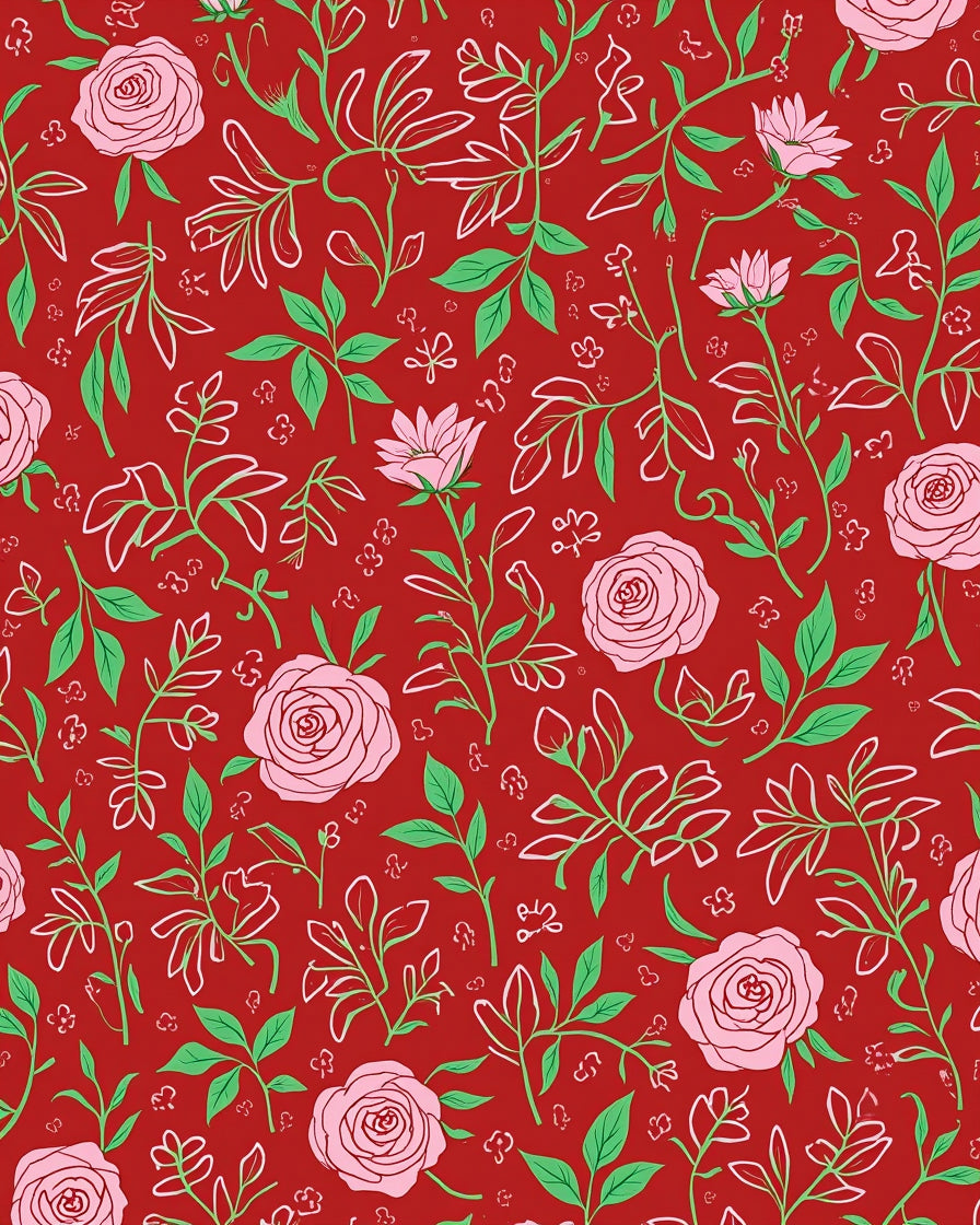 Red Floral Botanical Outline Design Rug