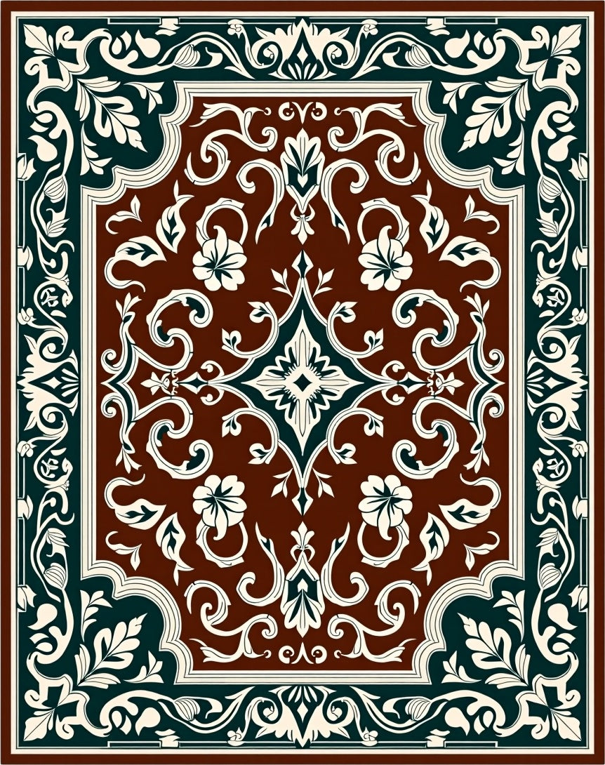 Ornate Floral Scrollwork Square Pattern Rug