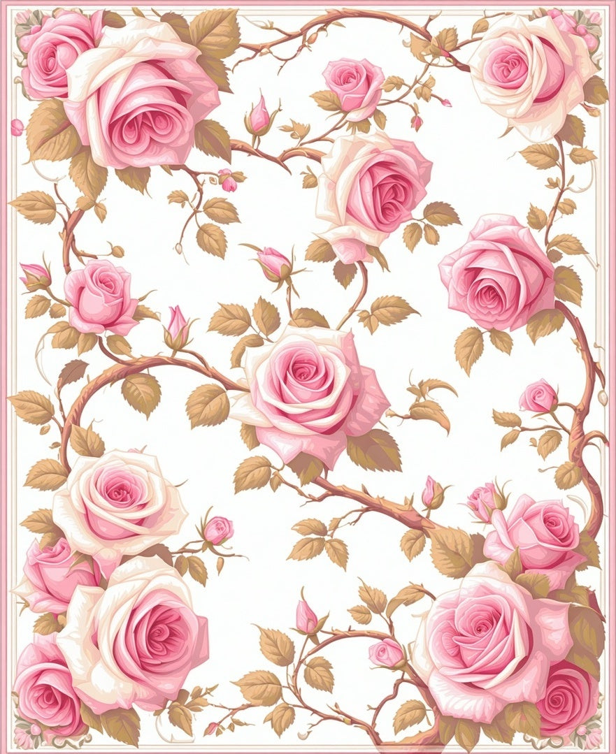 Romantic Pink Rose Vine Pattern Rug
