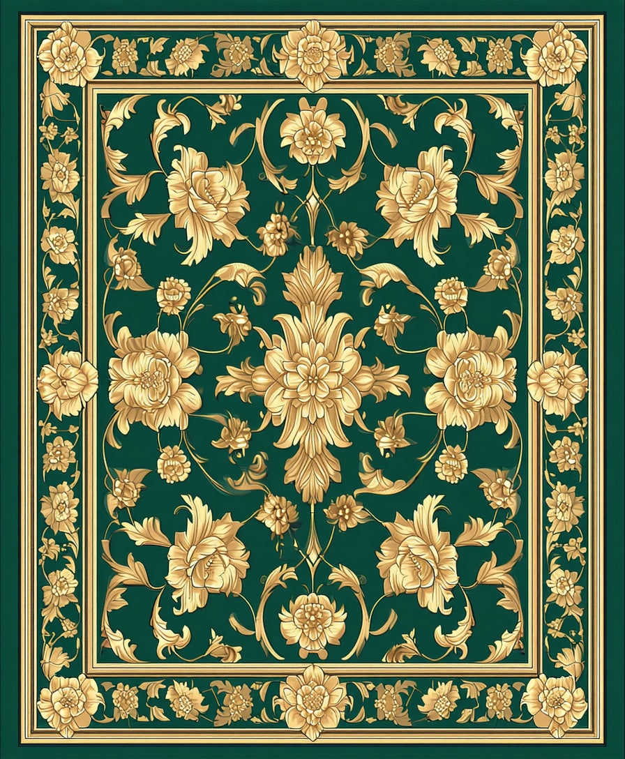 Elaborate Gold Floral Damask Pattern Rug