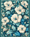 White Floral Teal Leaf Pattern Rug