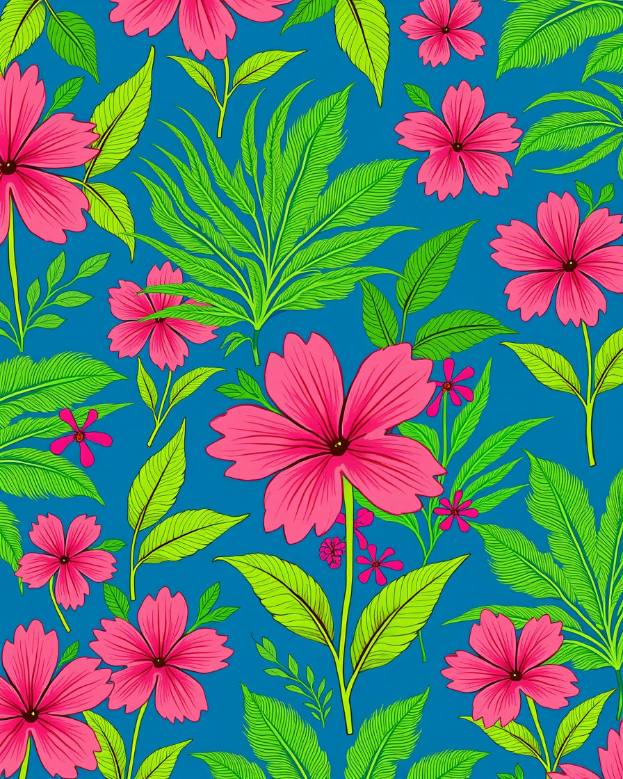 Vibrant Pink Floral Leaf Pattern Rug