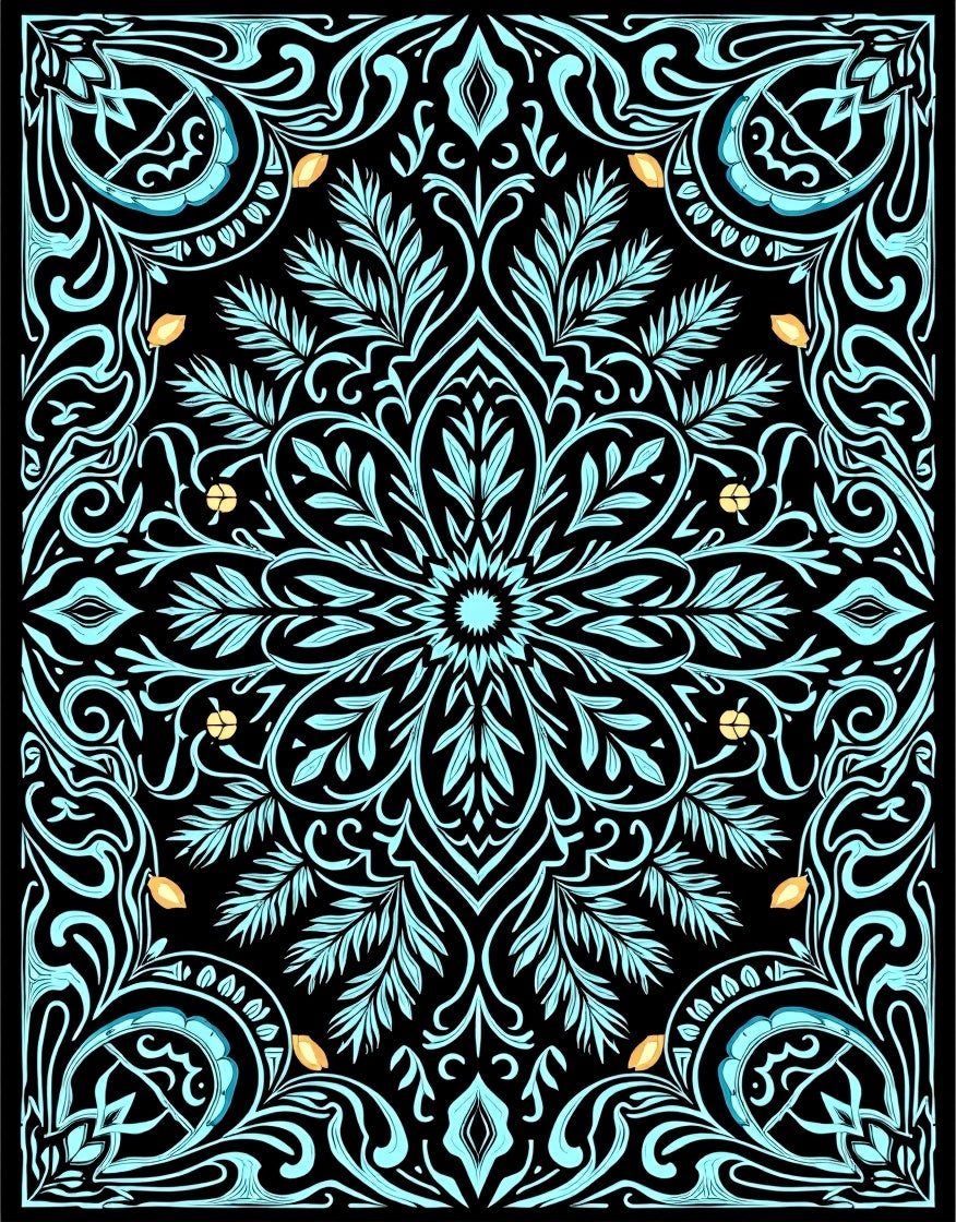 Aqua Floral Medallion Black Border Rug
