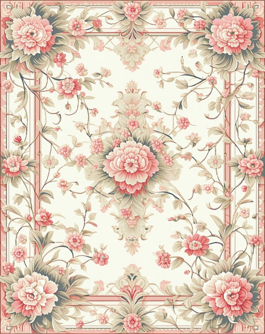 Elegant Coral Pink Floral Scroll Border Rug
