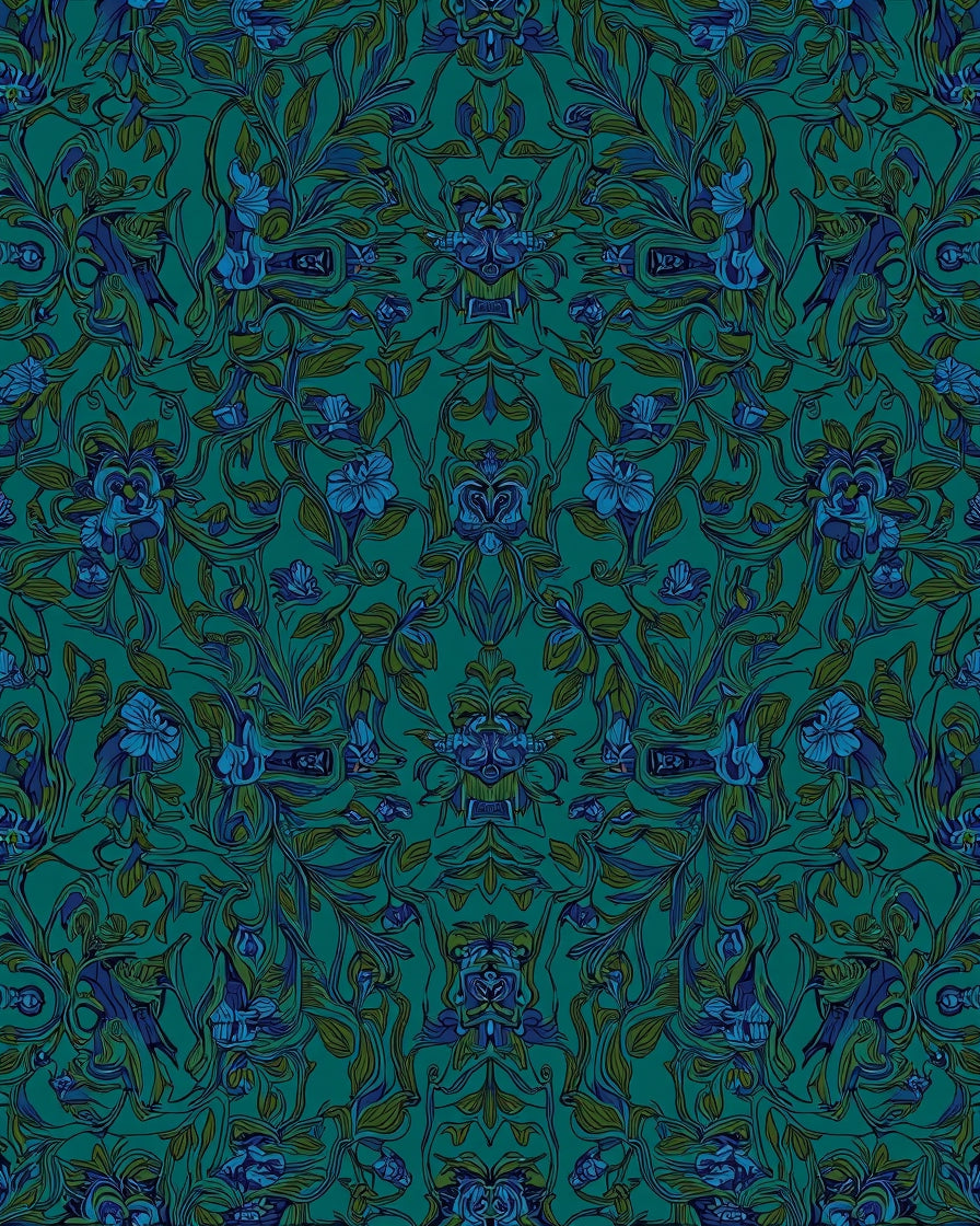 Dark Teal Floral Art Nouveau Rug