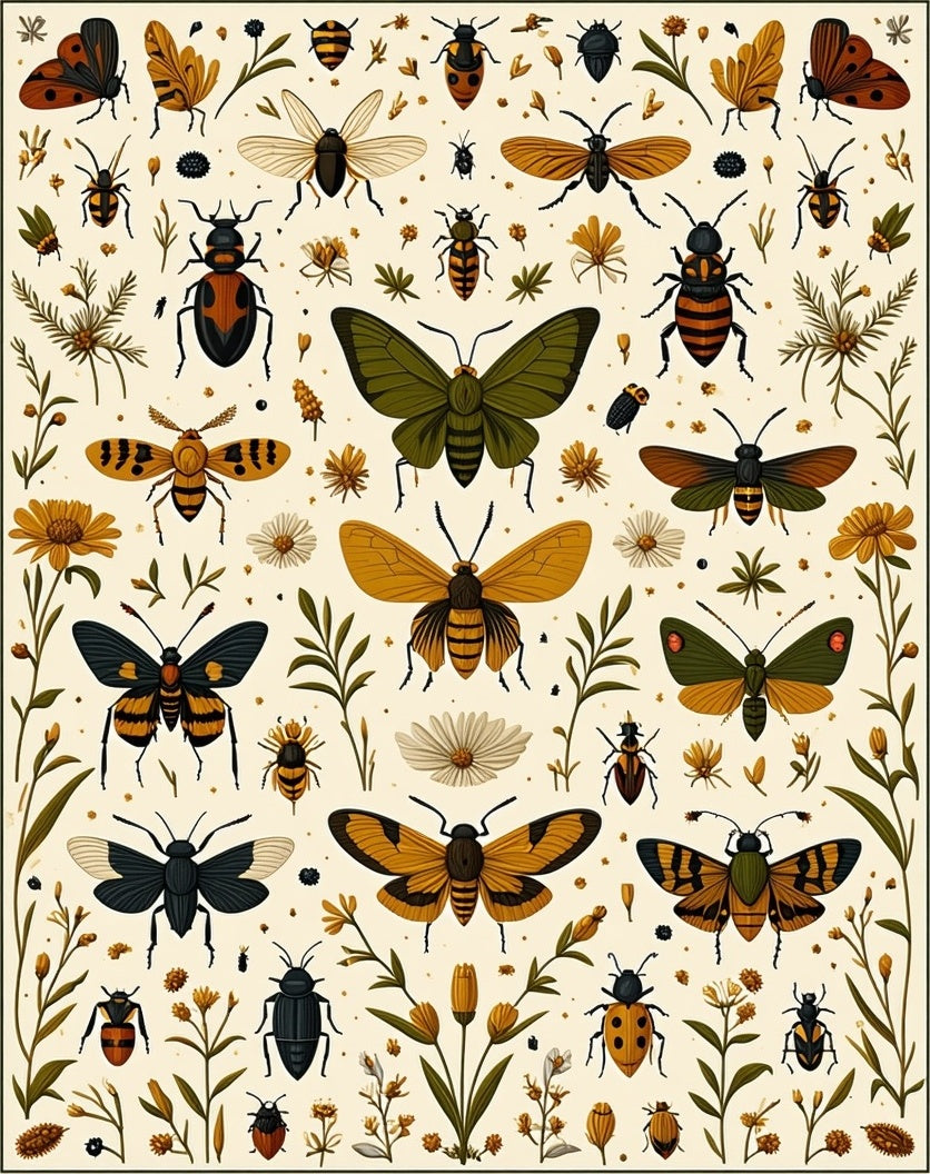 Insects Flowers Whimsical Pattern Rug