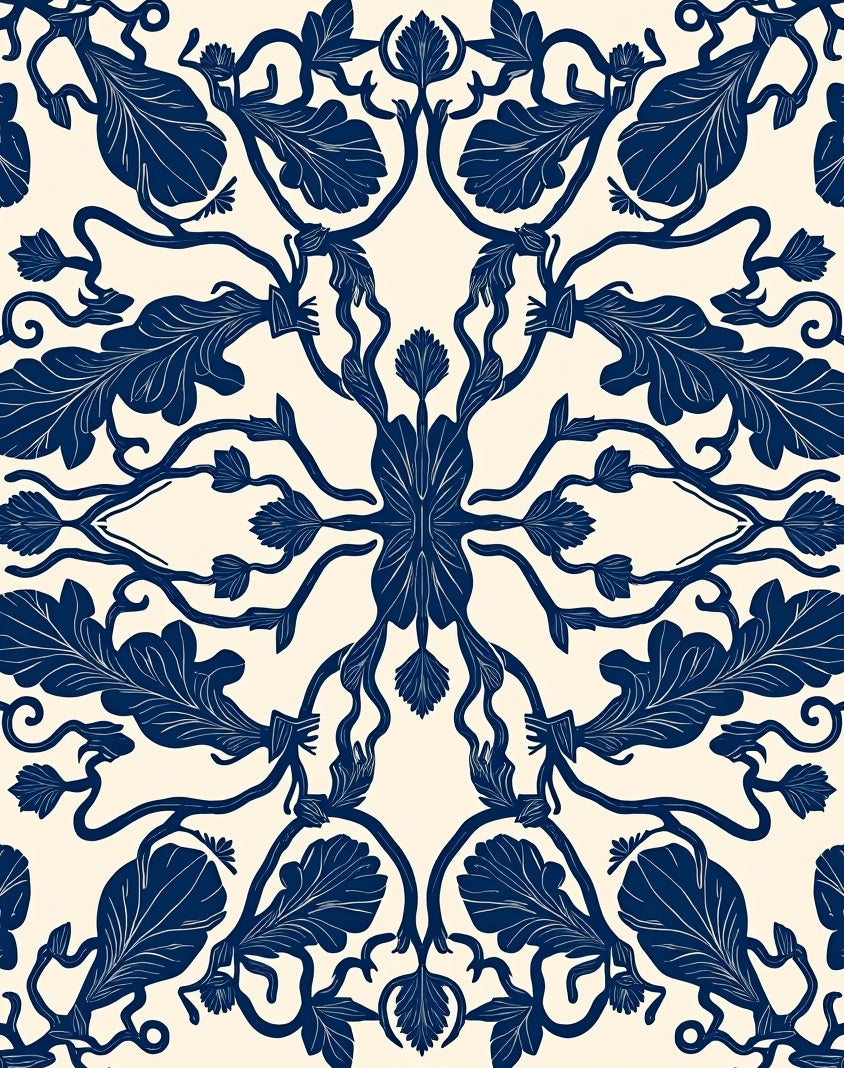Symmetrical Navy Leaf Vine Pattern Rug