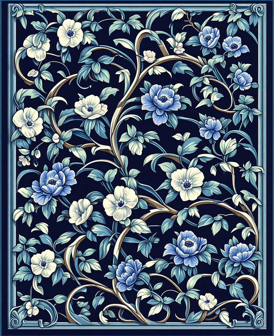 Midnight Blue Floral Scroll Design Rug
