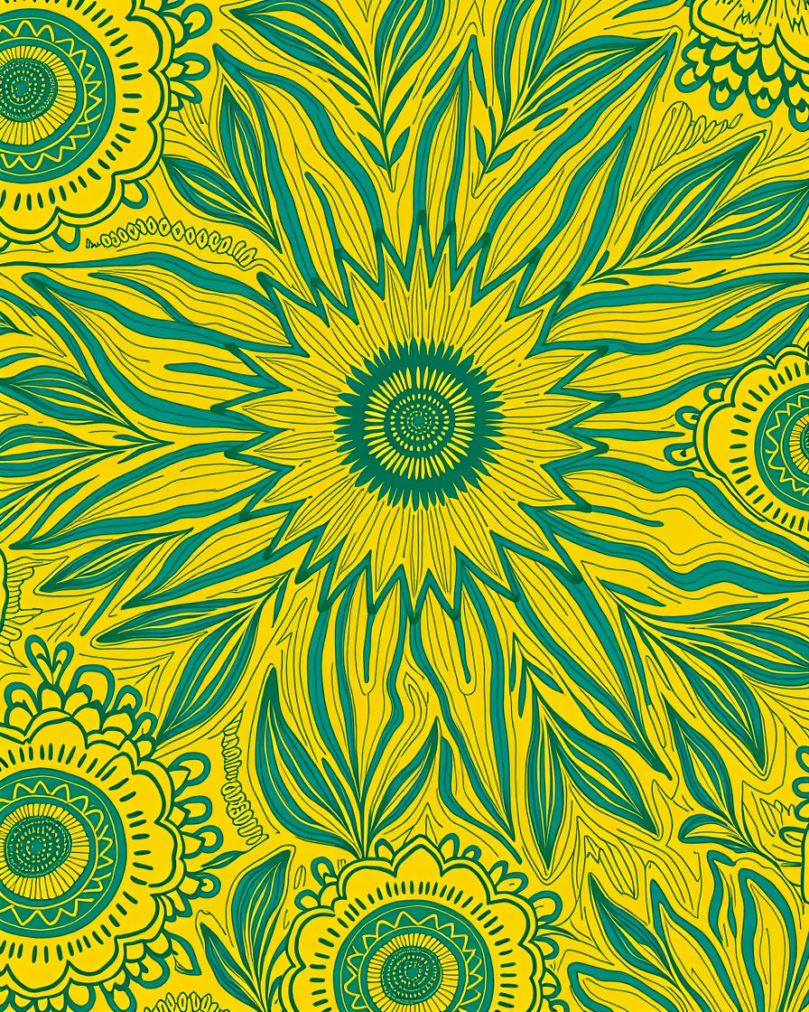 Bold Teal Yellow Floral Pattern Rug