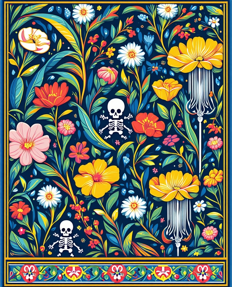 Colorful Floral Skeleton Print Rug