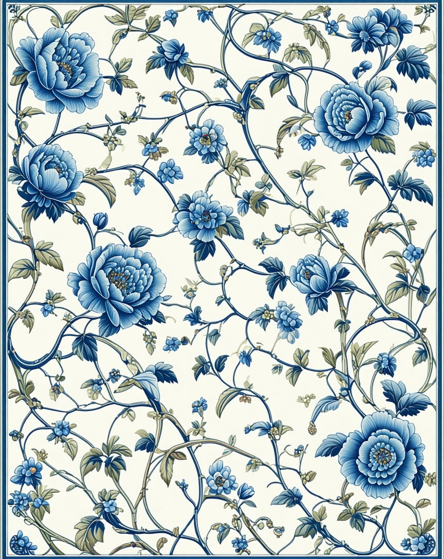 Classic Blue Floral Vine Pattern Rug