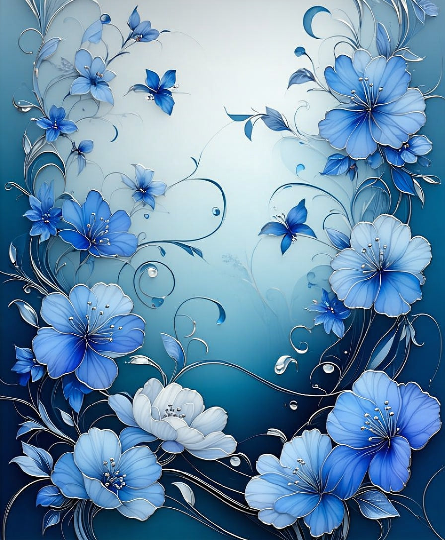 Elegant Blue Floral Swirls Design Rug