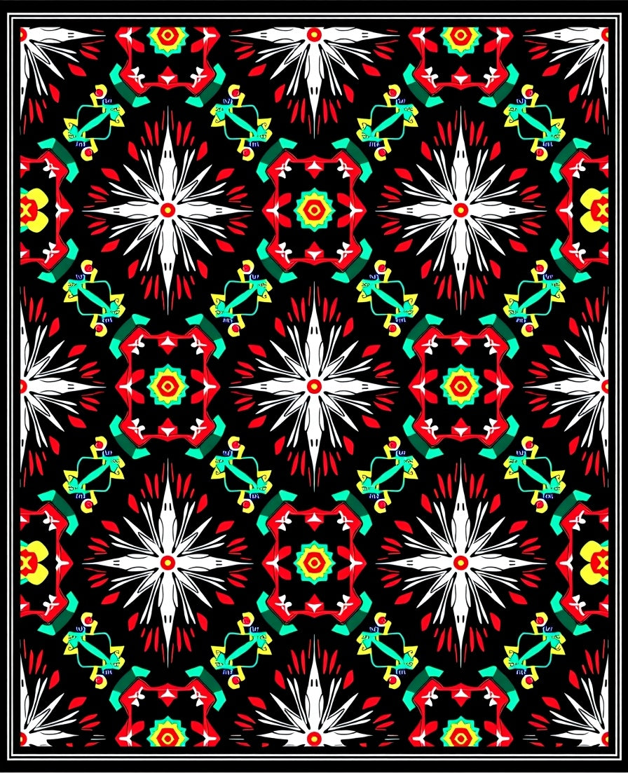 Bold Black Red White Geometric Medallion Rug