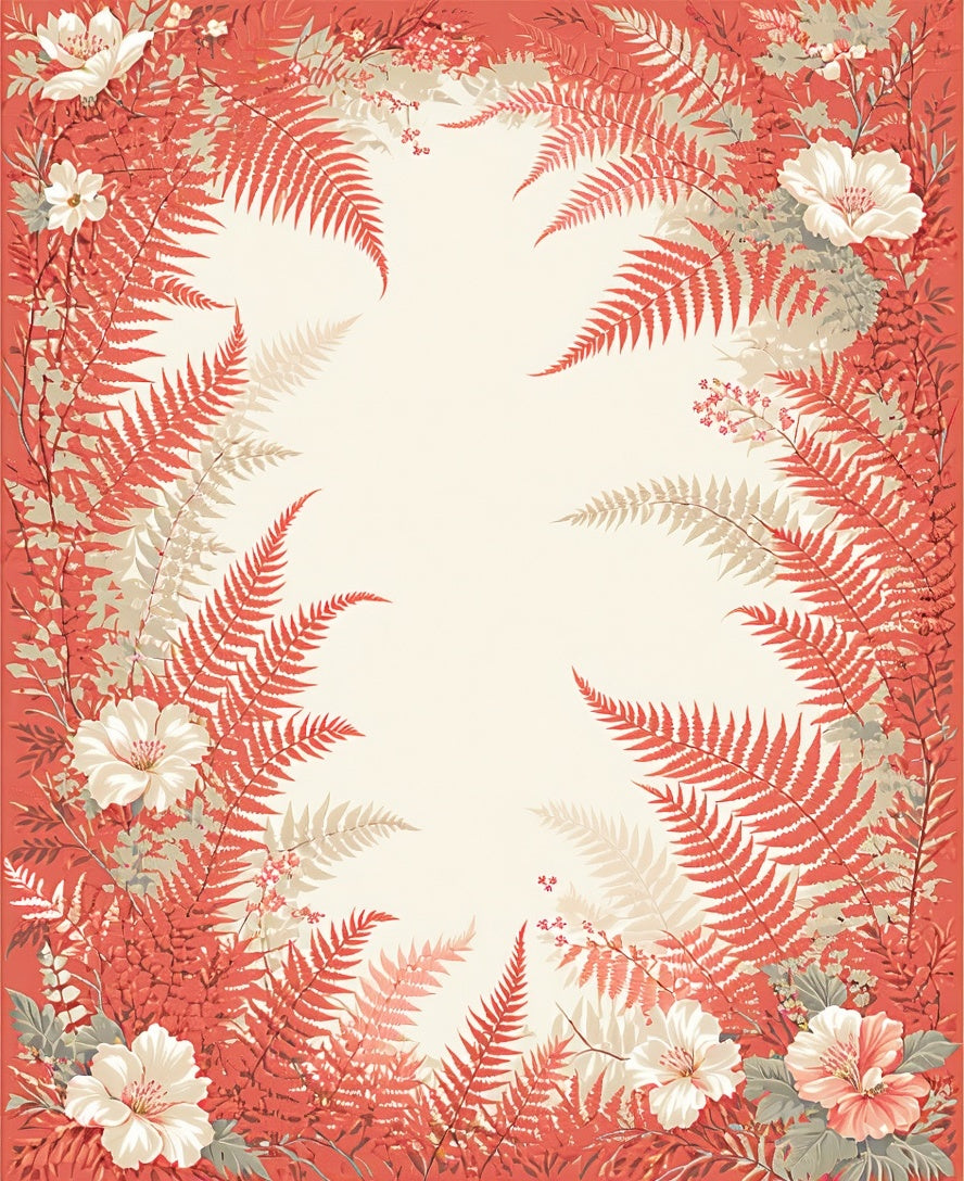 Coral Ferns and Flowers Border Rug