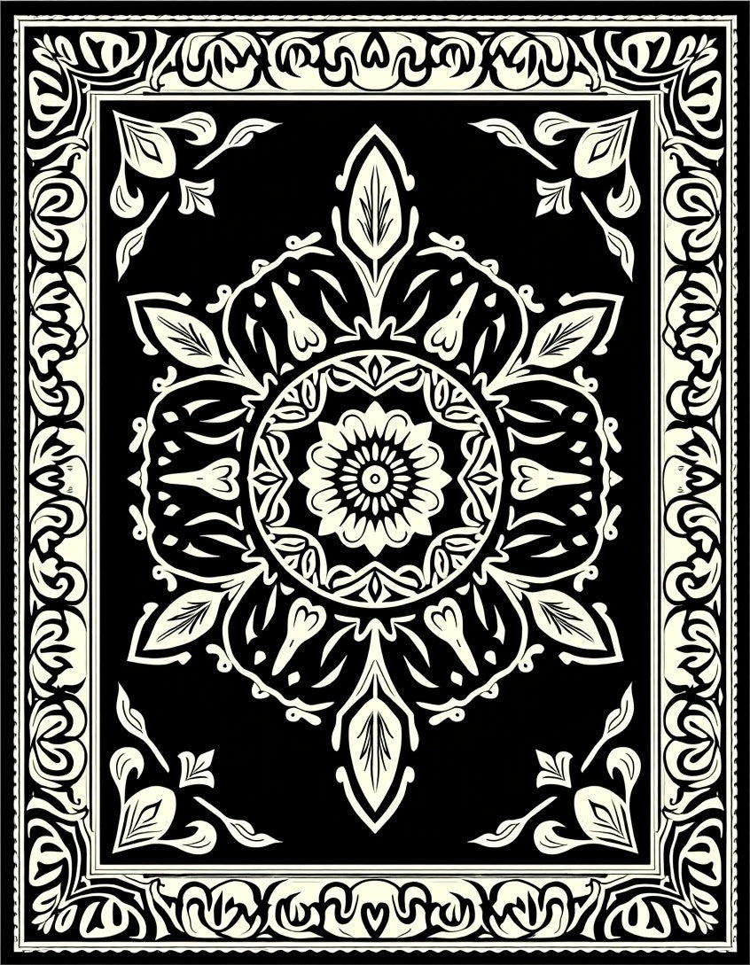 Black and Cream Floral Medallion Border Rug