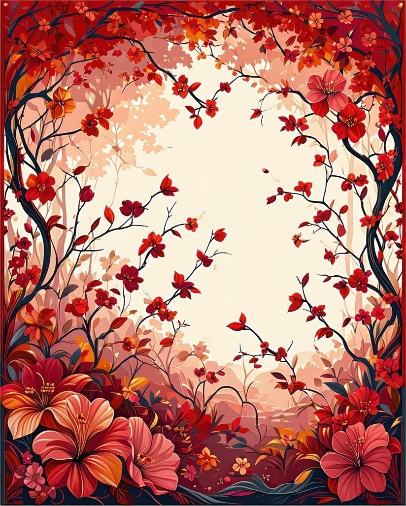 Vibrant Red Floral Branch Design Rug