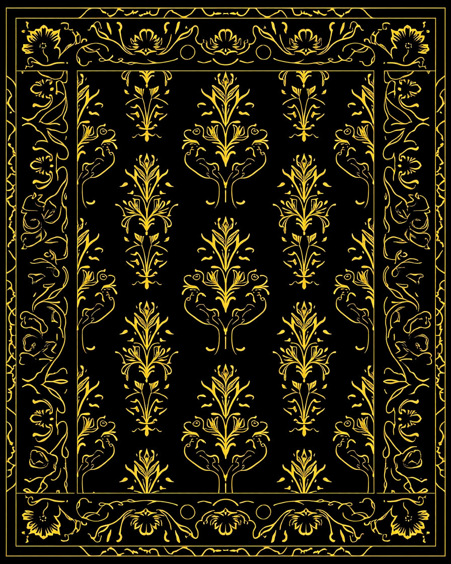 Elegant Yellow Floral Damask Border Rug