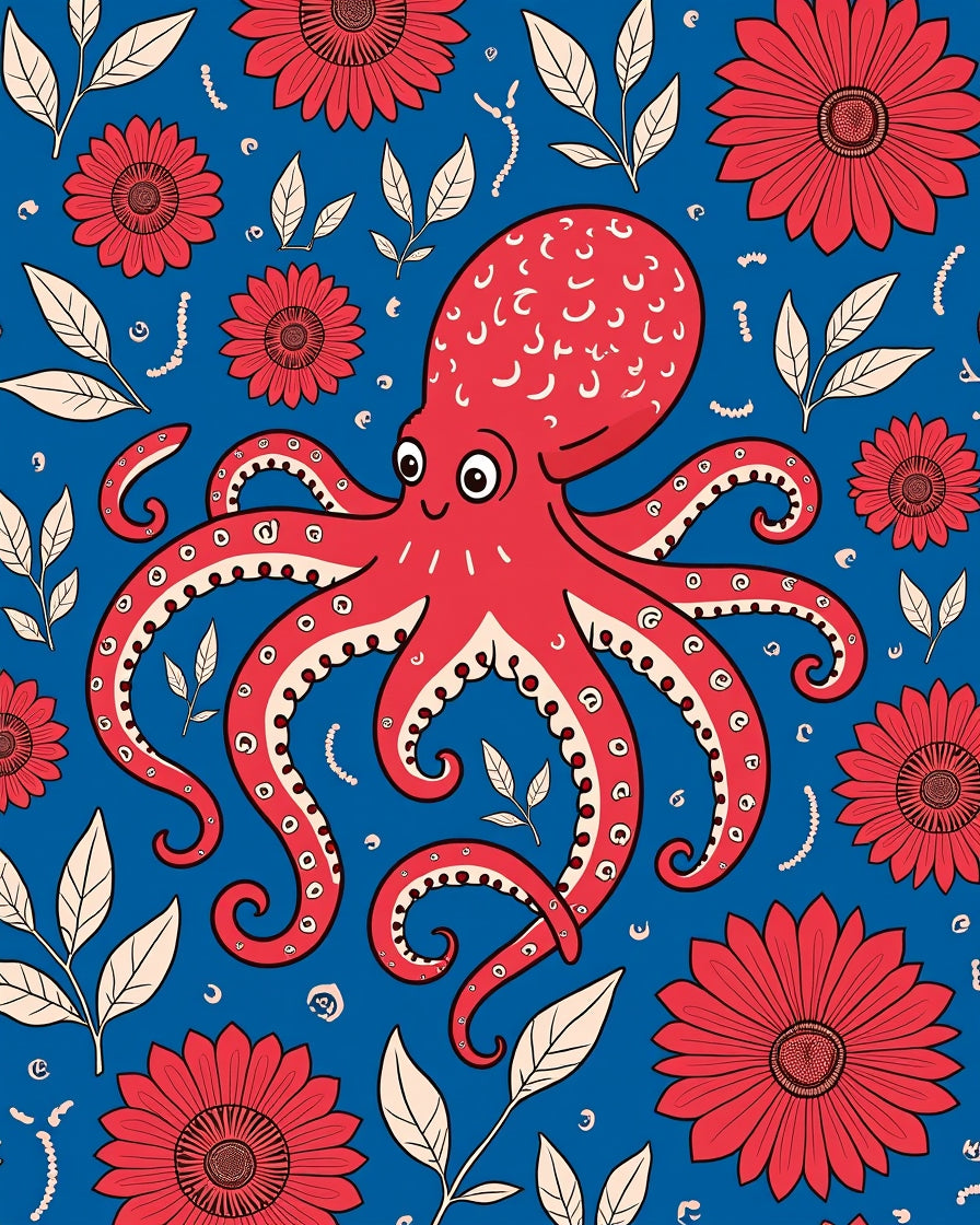 Whimsical Red Octopus Floral Pattern Rug