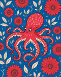 Whimsical Red Octopus Floral Pattern Rug