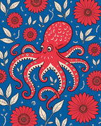 Whimsical Red Octopus Floral Pattern Rug