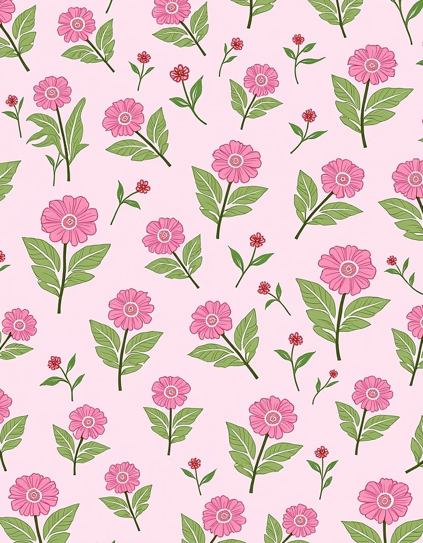 Pink Floral Pattern With Green Leaves Rug
