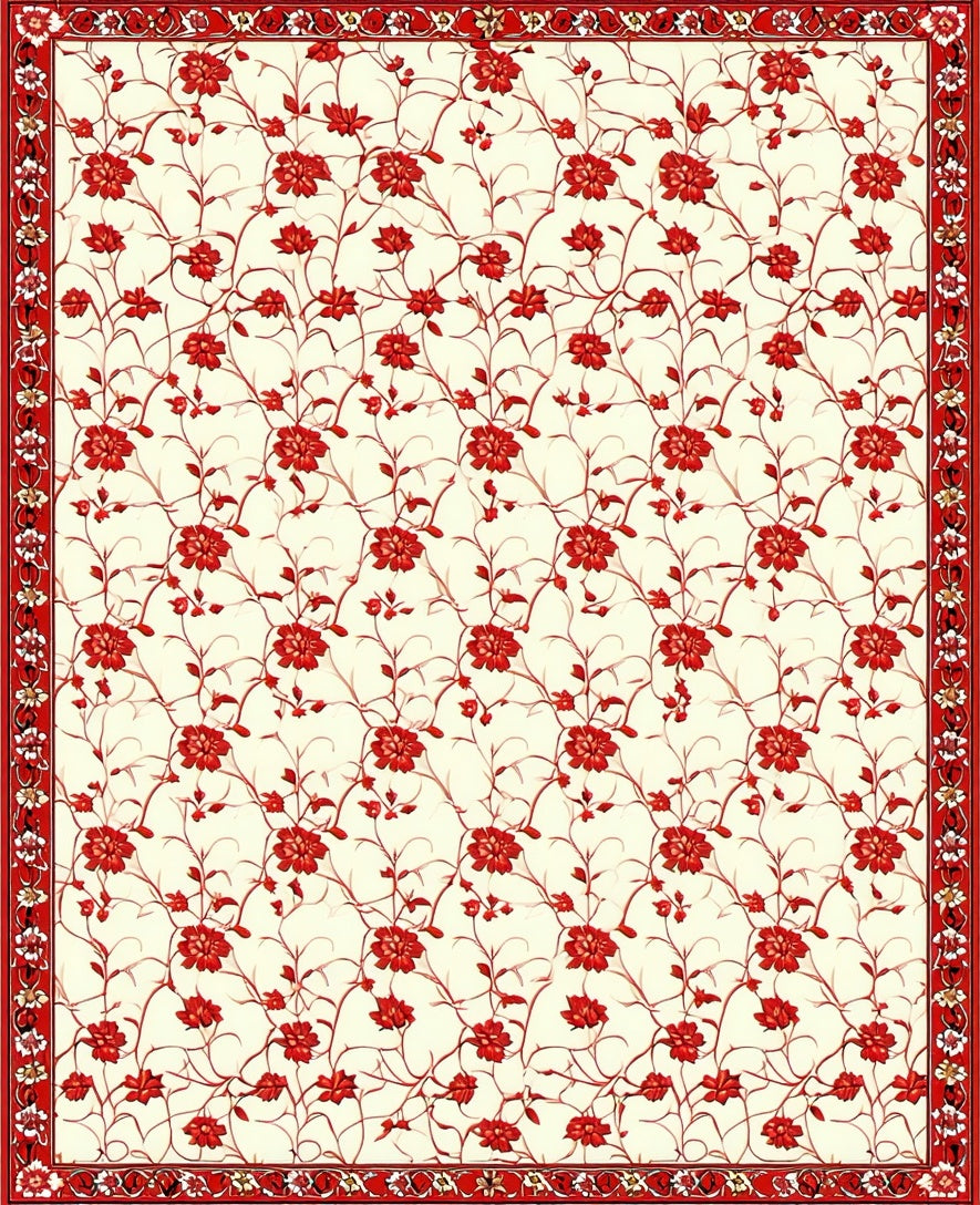 Classic Red Floral Botanical Pattern Rug