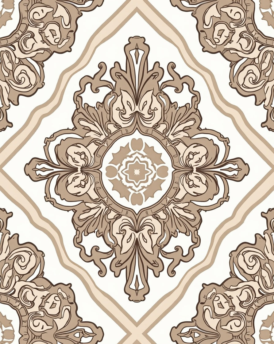 Cream and Brown Damask Pattern Rug