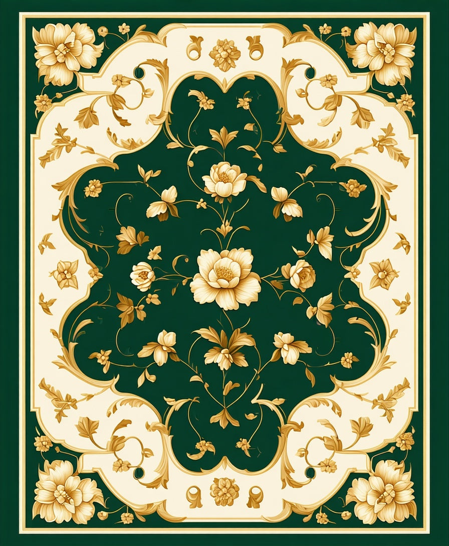 Elaborate Floral Scrollwork Emerald Rug