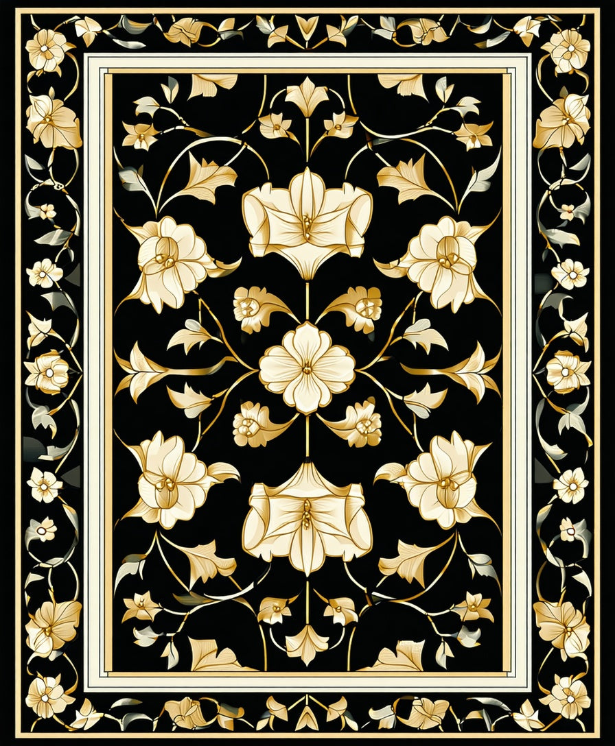 Elegant Black Gold Floral Design Rug
